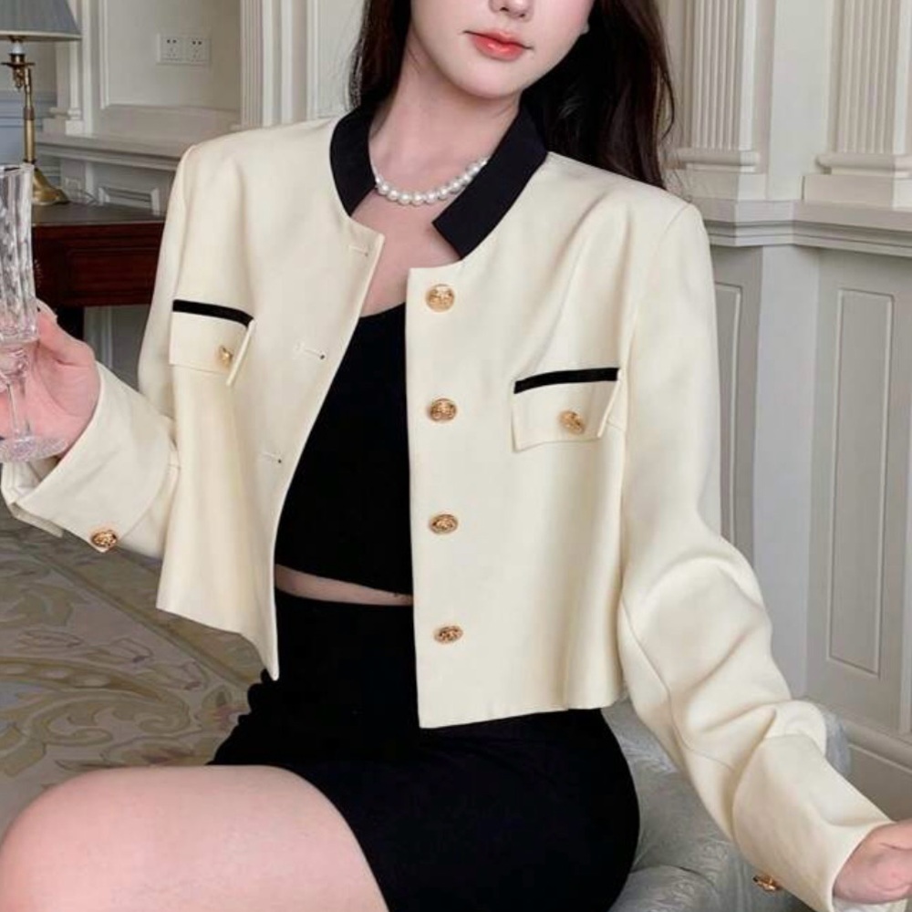 SHEIN Dazy Cream Contrast Trim Gold Button Cropped Jacket